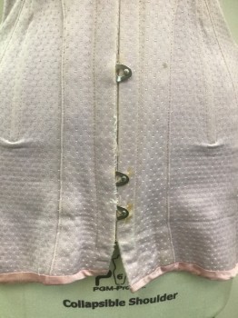 N/L, Periwinkle Blue, Pink, Lavender Purple, White, Cotton, Polka Dots, Self Small Polkadots, Lavender Lace Trim Top, Pink Satin Trim Bottom, Front Spoon Busk, Lace Up Back, Hand Sewn Grommet Holes Center Back,