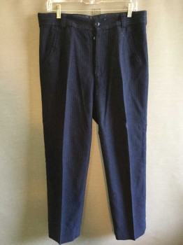 NO LABEL, Navy Blue, White, Wool, Stripes - Pin, Button Fly, Belt Loops, No Back Pockets, Slight Fabric Rips and Repairs,