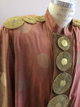 MTO, Clay Orange, Gold, Dk Gray, Silk, Metallic/Metal, Polka Dots, Taffeta, Gold Woven Polka Dots, Gold Seed Bead Disk Epaulets and Center Front, Brown Suede Center Front, Long Sleeves,