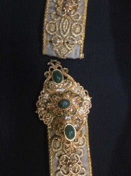 N/L, Gold, Synthetic, Metallic/Metal, Shimmer Light Gold W/sparkling Gold Ornate Embossed, Gold Metal, with Gold Trim with Tan Leather Lining, Diamond Shape Gold Buckle W/green Stones, See Photo Attached,
