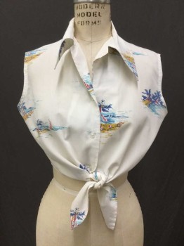 PERM PRESS, White, Blue, Aqua Blue, Red, Mustard Yellow, Poly/Cotton, Hawaiian Print, Hawaiian Shirt. White with Palm Tree on Island Print. Sleeveless, Button Front, Wide Collar Attached, Cropped with Self Tie at Front