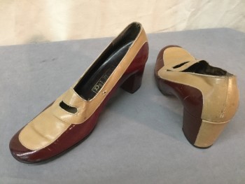 DEL ARTE, Tan Brown, Red Burgundy, Faux Leather, Color Blocking, Medium Covered Chunk Heel, Tan Matte and Burgundy Patent, Loafer Look with Peek a Boo Detail