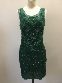 N/L, Dk Green, Synthetic, Beaded, Floral, Sleeveless Shift, Lace With Beading, Scoop Neck, Hem Above Knee, Flapper Inspired