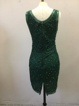 N/L, Dk Green, Synthetic, Beaded, Floral, Sleeveless Shift, Lace With Beading, Scoop Neck, Hem Above Knee, Flapper Inspired