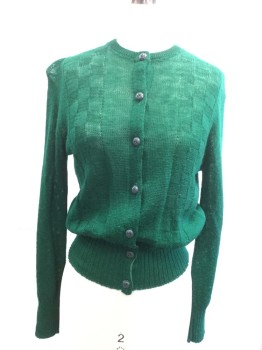 FASHION FIT, Emerald Green, Wool, Solid, Cardigan, Crew Neck, Button Front, Rib Knit Cuffs and Waistband, Semi Sheer with Check Pattern