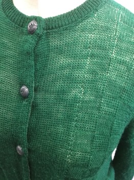 FASHION FIT, Emerald Green, Wool, Solid, Cardigan, Crew Neck, Button Front, Rib Knit Cuffs and Waistband, Semi Sheer with Check Pattern