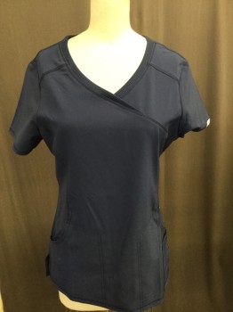 INFINITY, Midnight Blue, Polyester, Spandex, Solid, Sewn Down Cross Over V-neck, Short Sleeves, Slit Pockets, Topstitch Detail, Ribbed Back