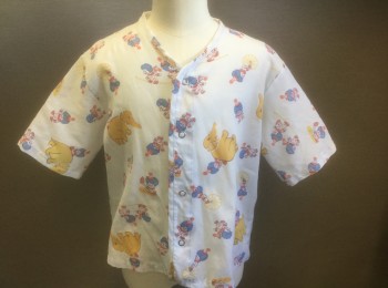 ANGELICA, White, Multi-color, Polyester, Novelty Pattern, Clowns and Elephants Pattern, Short Sleeves, V-neck, Snap Closures at Front