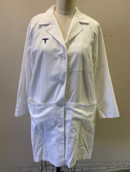LANDAU, White, Cotton, Solid, 4 Buttons, Notched Collar, 3 Patch Pockets, Navy Medical Symbol Embroidered at Chest, Belted Back