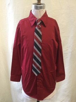 Holiday Editions, Red, Cotton, Polyester, Solid, Collar Attached, Long Sleeves, Button Front, Comes with Black, Red, White Diagonal Striped  Clip on Tie.fc068562