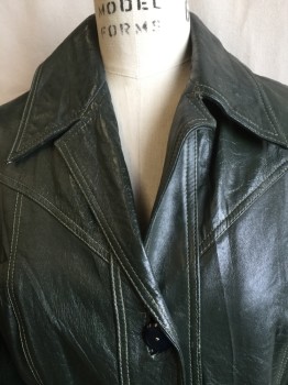 FOX 38, Forest Green, Leather, Solid, Dark Forrest Green Lining, Collar Attached, Yoke Front & Back, 3 Button Front, Long Sleeves, 2 Pockets, Attached Short Belt Back (worn Out Both Shoulders and Left Arm)