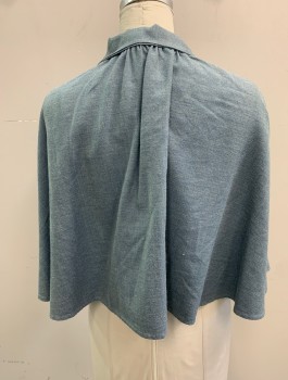 N/L MTO, Slate Blue, Wool, Solid, Herringbone, Short Capelet, Rounded Collar Attached, Open at Front with White Silk Ties at Neck, Made To Order