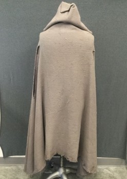 MTO, Slate Gray, Wool, Solid, Textured Fabric, Pilling, Raw Edges, Pointed Hood (point Tacked Down), Large Open Armholes, Brown Suede Tie at Neck, Aged