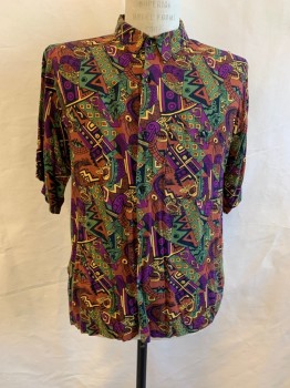 CP, Purple, Black, Yellow, Rust Orange, Olive Green, Cotton, Geometric, Abstract , Collar Attached, Button Front, Short Sleeves, 1 Pocket *Second to Last Button Missing*