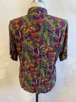 CP, Purple, Black, Yellow, Rust Orange, Olive Green, Cotton, Geometric, Abstract , Collar Attached, Button Front, Short Sleeves, 1 Pocket *Second to Last Button Missing*