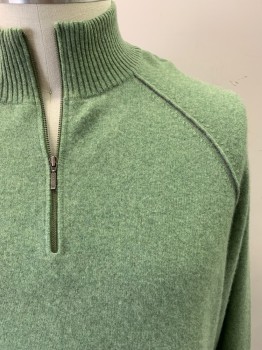 BROOKMORE, Jade Green, Cashmere, Solid, Henley, Long Sleeves, Half Zip, Mock Turtle Neck, Self Piping