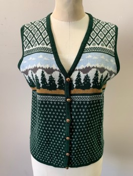EMPRESS, Forest Green, Cream, Beige, Lt Blue, Acrylic, Novelty Pattern, Pine Trees/Winter Landscape Pattern Across Chest, Repeating Diamonds Pattern Elsewhere, Knit, V-neck, Rose Gold Buttons at Front
