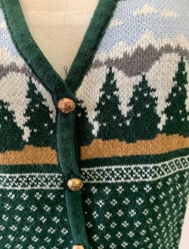 EMPRESS, Forest Green, Cream, Beige, Lt Blue, Acrylic, Novelty Pattern, Pine Trees/Winter Landscape Pattern Across Chest, Repeating Diamonds Pattern Elsewhere, Knit, V-neck, Rose Gold Buttons at Front