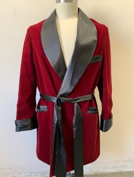 NINE DEEP, Cranberry Red, Black, Polyester, Solid, Velvet, with Contrasting Black Satin Shawl Lapel and Cuffs, 3 Pockets, 1 Hidden Button/Tab Closure, Belt Loops, **With Matching Black Satin Sash BELT