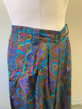 CASUAL CORNER, Multi-color, Purple, Turquoise Blue, Ochre Brown-Yellow, Olive Green, Silk, Paisley/Swirls, SHORTS, High Rise with Double Pleats at Waist, Thick Belt Loops, Invisible Zipper at Side, Elastic Waist in Back, 8" Inseam,
