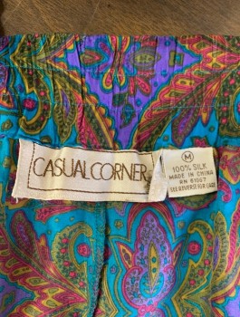 CASUAL CORNER, Multi-color, Purple, Turquoise Blue, Ochre Brown-Yellow, Olive Green, Silk, Paisley/Swirls, SHORTS, High Rise with Double Pleats at Waist, Thick Belt Loops, Invisible Zipper at Side, Elastic Waist in Back, 8" Inseam,