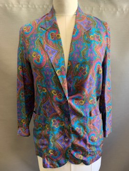 CASUAL CORNER, Multi-color, Purple, Turquoise Blue, Ochre Brown-Yellow, Olive Green, Silk, Paisley/Swirls, Single Breasted, Notched Lapel, 2 Buttons, 2 Patch Pockets, No Lining,