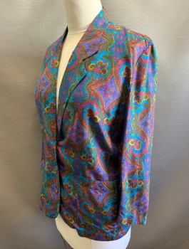 CASUAL CORNER, Multi-color, Purple, Turquoise Blue, Ochre Brown-Yellow, Olive Green, Silk, Paisley/Swirls, Single Breasted, Notched Lapel, 2 Buttons, 2 Patch Pockets, No Lining,