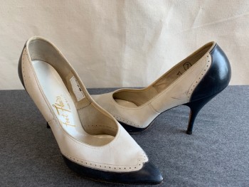 FOOT FLAIRS, White, Navy Blue, Leather, Color Blocking, Delicate Hi Heel Pump with Perforated Wingtip Detail