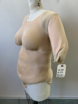 NO LABEL, Beige, Cotton, Spandex, Solid, Bodysuit, Mis Sleeves, Breast and Butt Padding, Back Zipper,