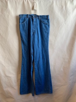 LEVI'S, Denim Blue, Cotton, Solid, 4 Pockets, Zip Fly, Belt Loops, Flare Leg