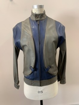 N/L, Gray, Navy Blue, Leather, Color Blocking, Zip Front, 2 Pockets, Band Collar,  Made To Order,