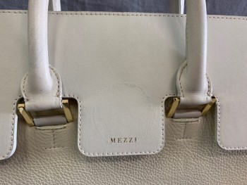 MEZZI, Ivory White, Leather, Solid, "COSIMA" Tote, Circular Rubbing at Name Brand See Detail Photo, Double Handles,4 Gold Feet