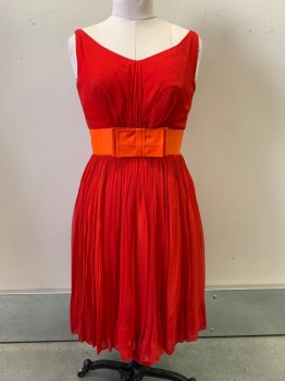 Pixie, Red, Orange, Polyester, Solid, Sleeveless, Scoop Neck, Orange Waistband with Bow, Pleated Skirt, Back Zipper,