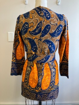 JOY STEVENS, Tunic - Brown.Orange,Navy Paisley with Border Print, Pull On, L/S, Round Neck, Back Zip ** MATCHING Wide Belt with Covered Buckle