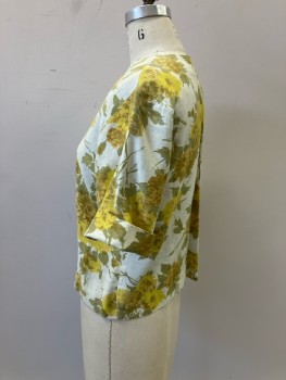 N/L, Ecru with Chartreuse/Olive/Ochre Floral Bouquet, B.F., CN, Short Cuffed Sleeves