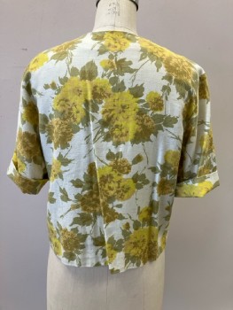 N/L, Ecru with Chartreuse/Olive/Ochre Floral Bouquet, B.F., CN, Short Cuffed Sleeves