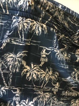 PENGUIN, Navy Blue, White, Polyester, Novelty Pattern, Swim Trunks,  Navy with White Palm Trees and Hula Dancers Pattern, White Cord Lace Up Ties At Center Front, Velcro Closure At Fly, 4 Pockets, 6.5" Inseam