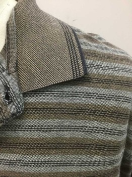 ARROW, Brown, Gray, Black, Cotton, Heathered, Stripes - Horizontal , 3 Buttons,  Short Sleeves,  Alternating Group Stripes, Contrast Knit Collar/ Cuffs,