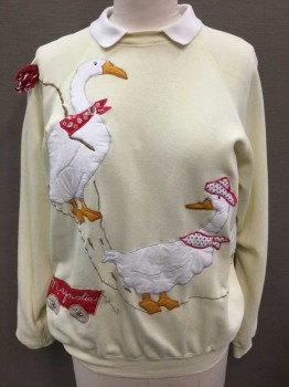 HANES, Lt Yellow, White, Red, Mustard Yellow, Brown, Cotton, Acrylic, Novelty Pattern, Lt Yellow W/3 Large Geese Wearing Hats And Bandannas Quilted Appliques, Wagon With Silver Star Metal Studded Wheels, 3D Banana Fabric Detail, Pullover, Raglan Sleeve, White Ribbed Collar Attached,
