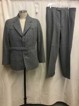 MTO, Heather Gray, Wool, Heathered, SB. Notched Lapel, Norfolk Style with A Western Yoke, 3 Button,  2 Inverted Box Pleat Patch Pockets, Attached Self Belt With Leather Buckle, MULTIPLE See FC015361