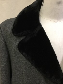ST CLAIR JOHNSON, Gray, Black, Wool, Synthetic, Heathered, Winter Coat. Heathered Gray Wool with Black Faux Fur Collar, 3 Button Single Breasted, , Slit Center Back,