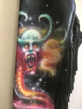 MTO, Black, Hot Pink, Green, Orange, White, Leather, Novelty Pattern, 3 Silver Snap Front, 'Demon' Air Brushed on Left Leg, Leather Fringe on Outseam, Outseam Zippers