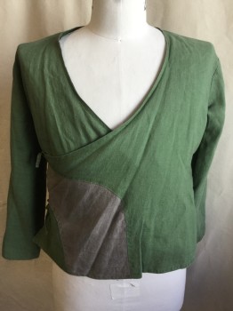 N/L (MTO), Green, Dk Green, Gray, Linen, Polyester, Solid, Color Blocking, Shinny Dark Green Lining, V-neck, Wraparound with Ties, 3/4 Sleeves