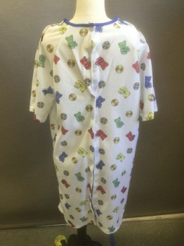 ANGELICA, White, Multi-color, Polyester, Novelty Pattern, White with Colorful Teddy Bears and Pin Wheels Pattern, Flannel, Short Raglan Sleeves, Snaps at Shoulder and Center Back