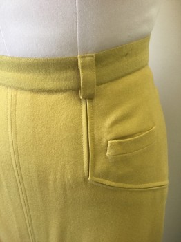 N/L, Sunflower Yellow, Wool, Solid, 1" Waistband, A-Line, Hem Mid-calf, Small Box Pleat at Center Front Hem, Belt Loops, 2 Small Welt Pockets at Sides, Angled Stitching at Hips, Made To Order Reproduction