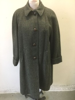 HARRIS TWEED, Dk Green, Brown, Dk Blue, Black, Wool, Tweed, Scratchy Wool, Raglan Sleeves, 4 Large Brown Knotted Leather Buttons, Collar Attached, 2 Pockets, Copper/Green Changeable Silk Lining, Below Knee Length, Vintage