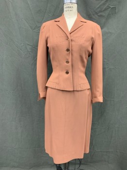 BRANT LEIGH, Terracotta Brown, Rayon, Solid, 4 Button Front, Collar Attached, Notched Lapel, Raised Scallopped Vertical Stripe Panels Across Chest and Waistband, Long Sleeves, Rolled Back Cuffs, *Shoulder Burn*