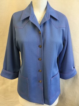 GRAFF CALIFRNIA WEAR, French Blue, Polyester, Solid, Double Red Top Stitches, Notched Lapel, Yoke Front & Back, 2 Pockets, 3/4 Sleeves with Cuff