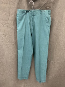 N/L, Sage Green, Cotton, Polyester, Solid, Flat Front, Zip Fly, 4 Pockets, Belt Loops, Cuffed Hem,