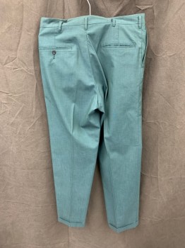N/L, Sage Green, Cotton, Polyester, Solid, Flat Front, Zip Fly, 4 Pockets, Belt Loops, Cuffed Hem,